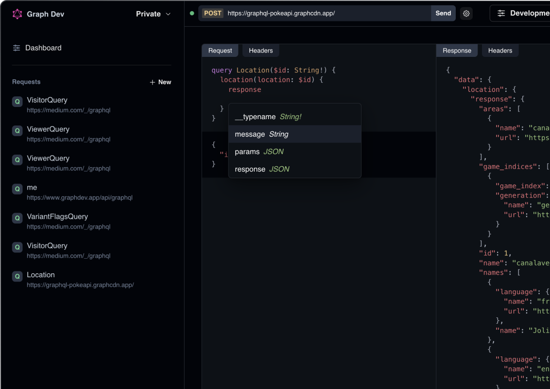 a screenshot of graph dev showing a list of queries and mutations. The right panel shows a request payload with the intellisense panel open.