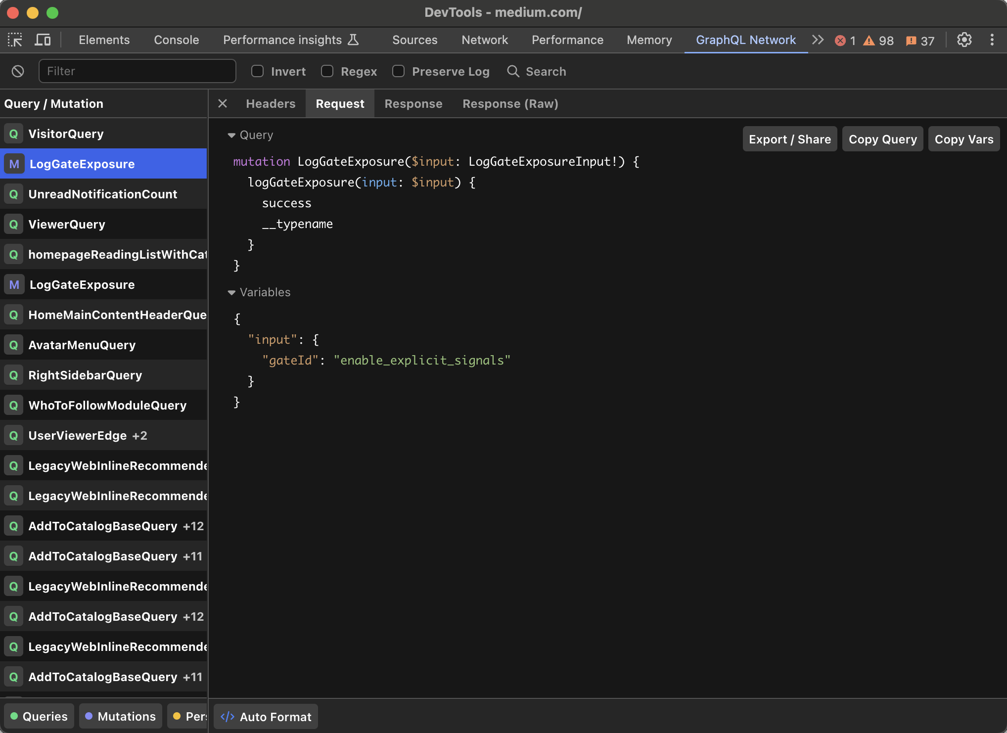 Expanded request panel showing GraphQL query